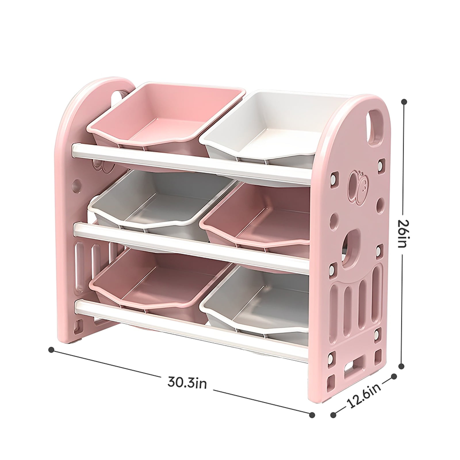 PORKISS Kids Toy Organization Bookcase with 6 Bins, Multi-functional Nursery Storage Organizer Bookshelf with HDPE Shelf for Children's Room Playroom, Pink