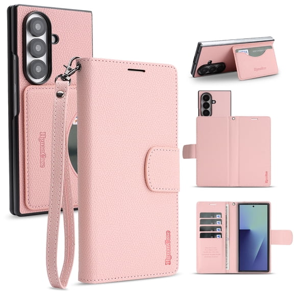 for Samsung Galaxy Z Fold 7 Detachable Magnetic Wallet Case, RFID Blocking PU Leather Flip Case with 5 Credit Card Holder Stand Wrist Strap Shockproof Cover for Galaxy Z Fold 7, Pink