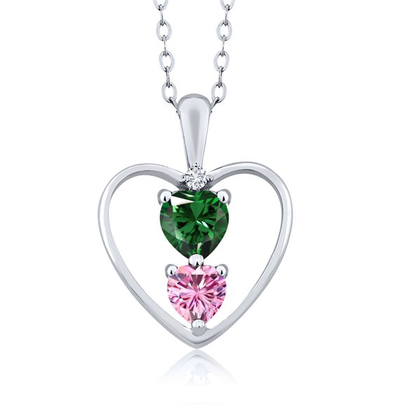 Gem Stone King 925 Sterling Silver Green Nano Emerald Pink Moissanite and White Diamond Pendant Necklace for Women (0.76 Cttw, Gemstone May Birthstone, Heart 5MM and 4MM, with 18 inch Silver Chain)