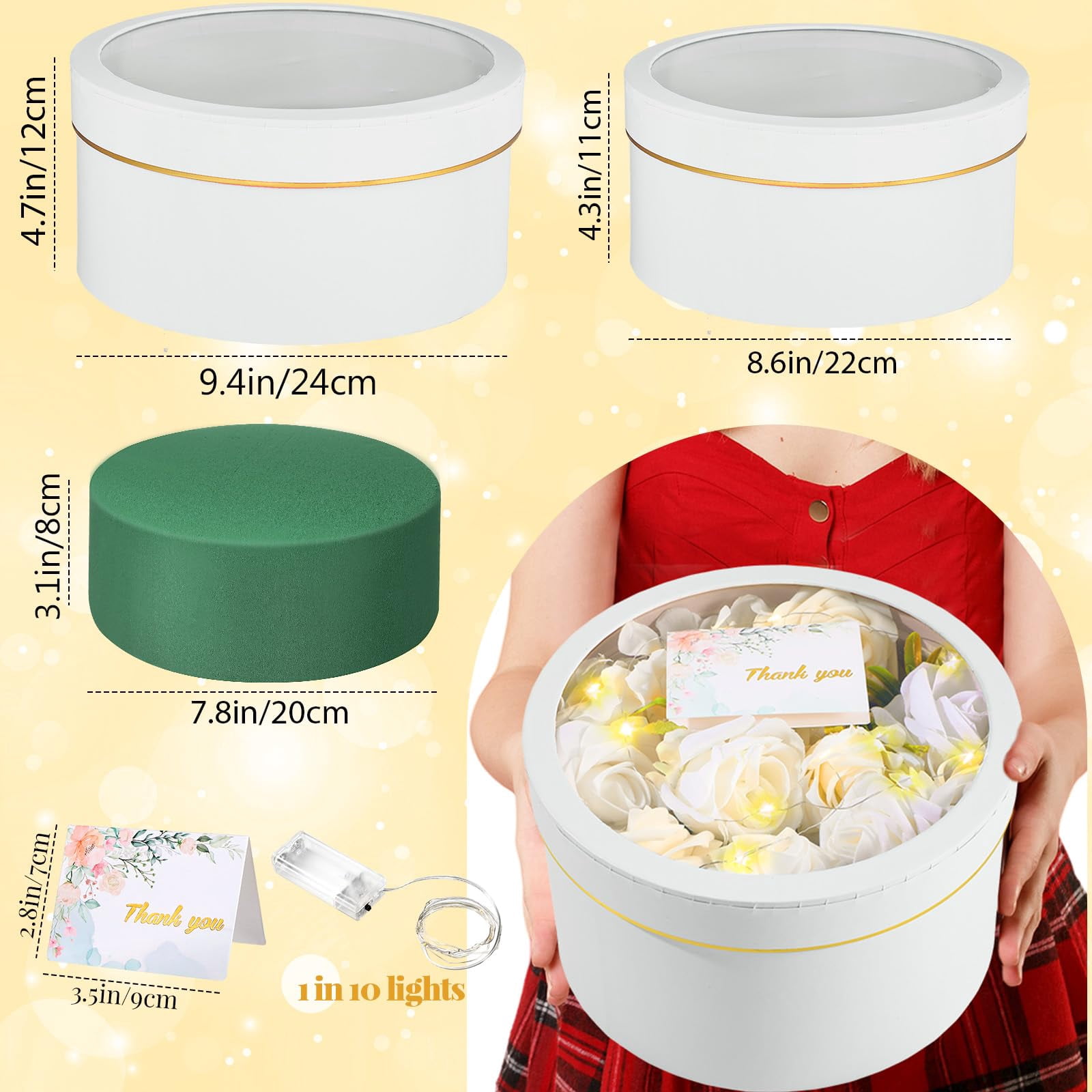 2 Round Gift Boxes With Lids Floral Foam Led Light Thank You Greeting Cards Flower Arrangements Supplies For Valentine Birthday Wedding Bridesmaid Proposal(white)