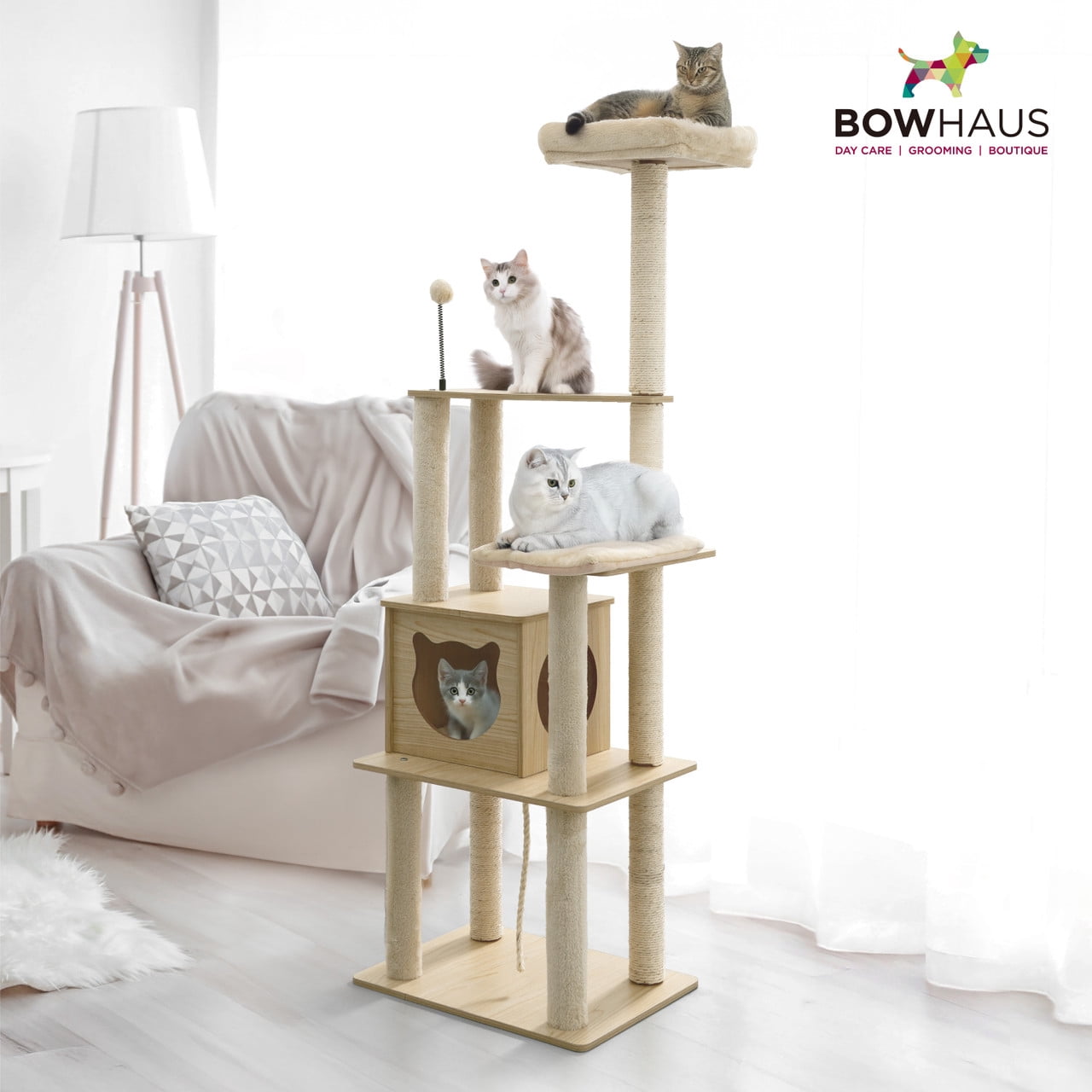 CAPHAUS 65-inch Multi-level Cat Tree with Cat Cave Condo & Top Perch, Tall Wooden Cat Tower for Indoor Cats with Scratching Posts, Detachable Cushion, Interactive Balls, Top Perch