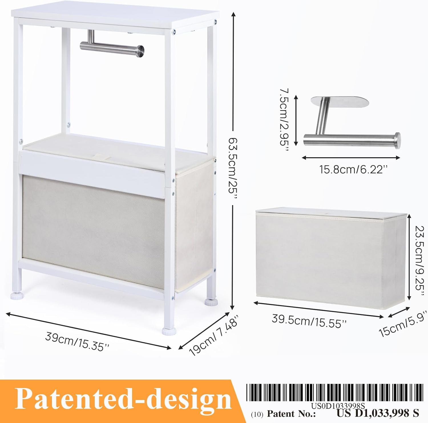 Narrow Bathroom Toilet Paper Storage Cabinet Organizer with Tissue Holder, Fabric Drawer Bin for Small Spaces