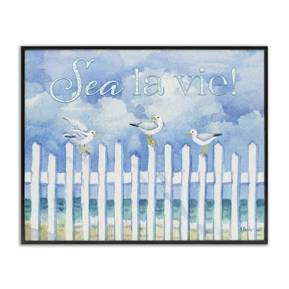 Stupell Industries Seagulls on Beach Fence Holiday Painting Black Framed Art Print Wall Art, 14 x 11