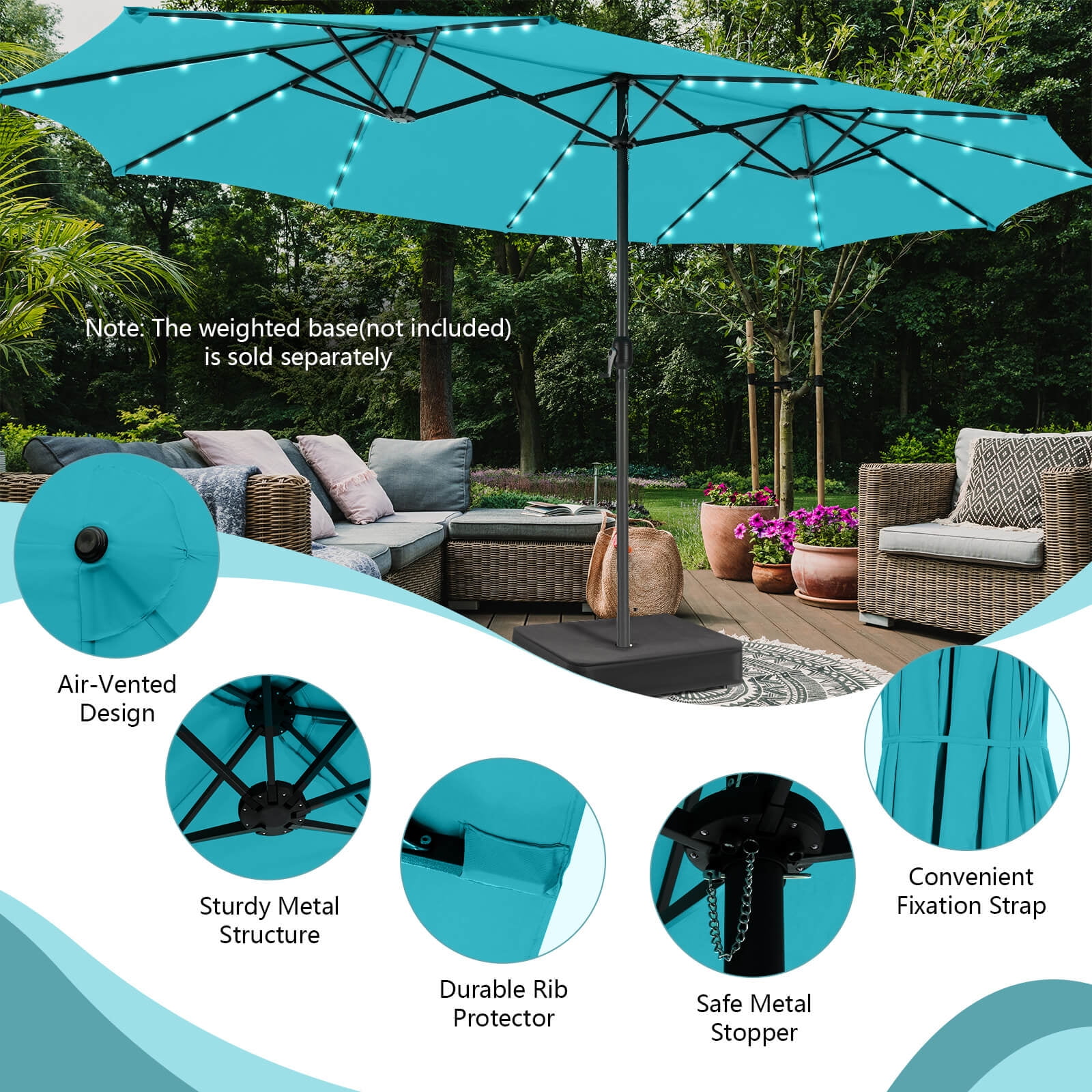Costway 15 FT Twin Patio Double-Sided Umbrella 48 Solar LED Lights Crank Outdoor Turquoise
