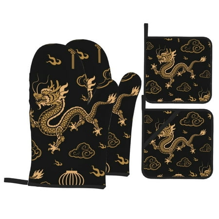 

Oven Mitts and Pot Holders 4 pcs Set Golden Chinese Dragon Clouds Heat Resistant Pot Holders Oven Mitts for kitchen Non-Slip Hanging Loop Oven Glove Potholders for Baking Cooking