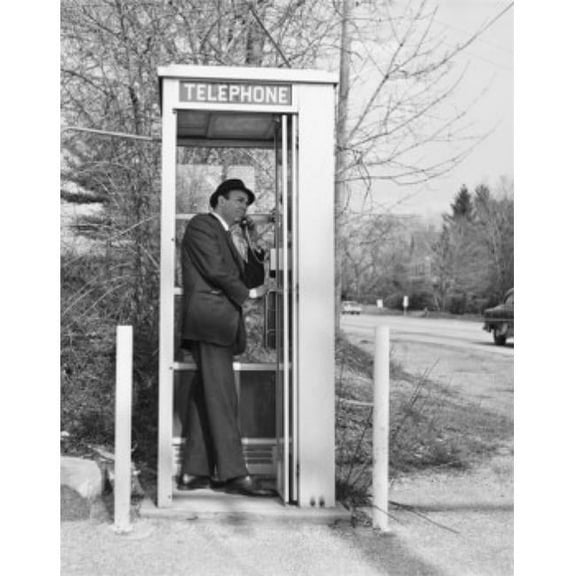 Side Profile of a Businessman Talking on a Pay Phone Poster Print - 18 x 24 in.