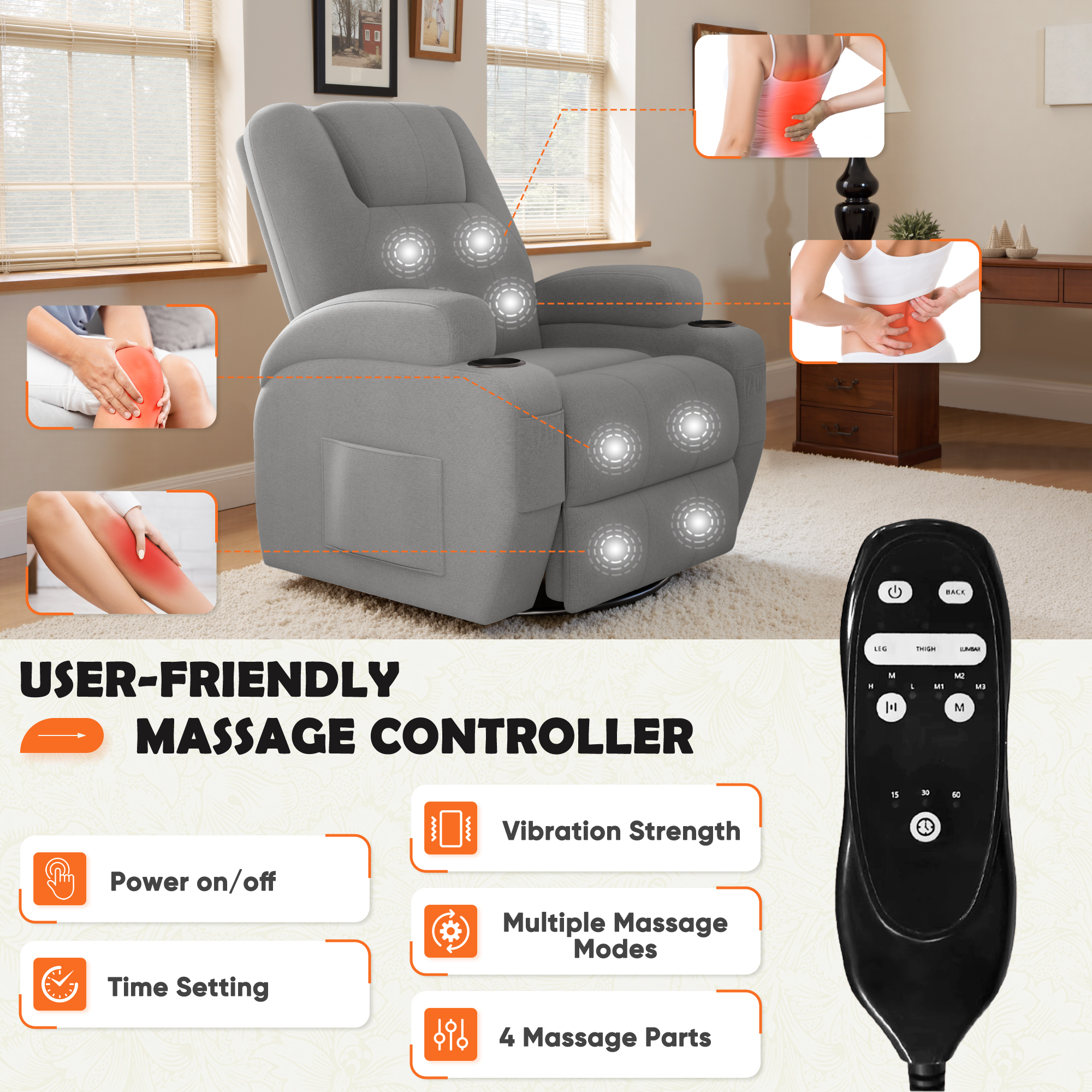 Furmax 360° Swivel Rocking Chair Power Massage Recliner With nursing Needs Oversized Furniture For Living Room,Gray