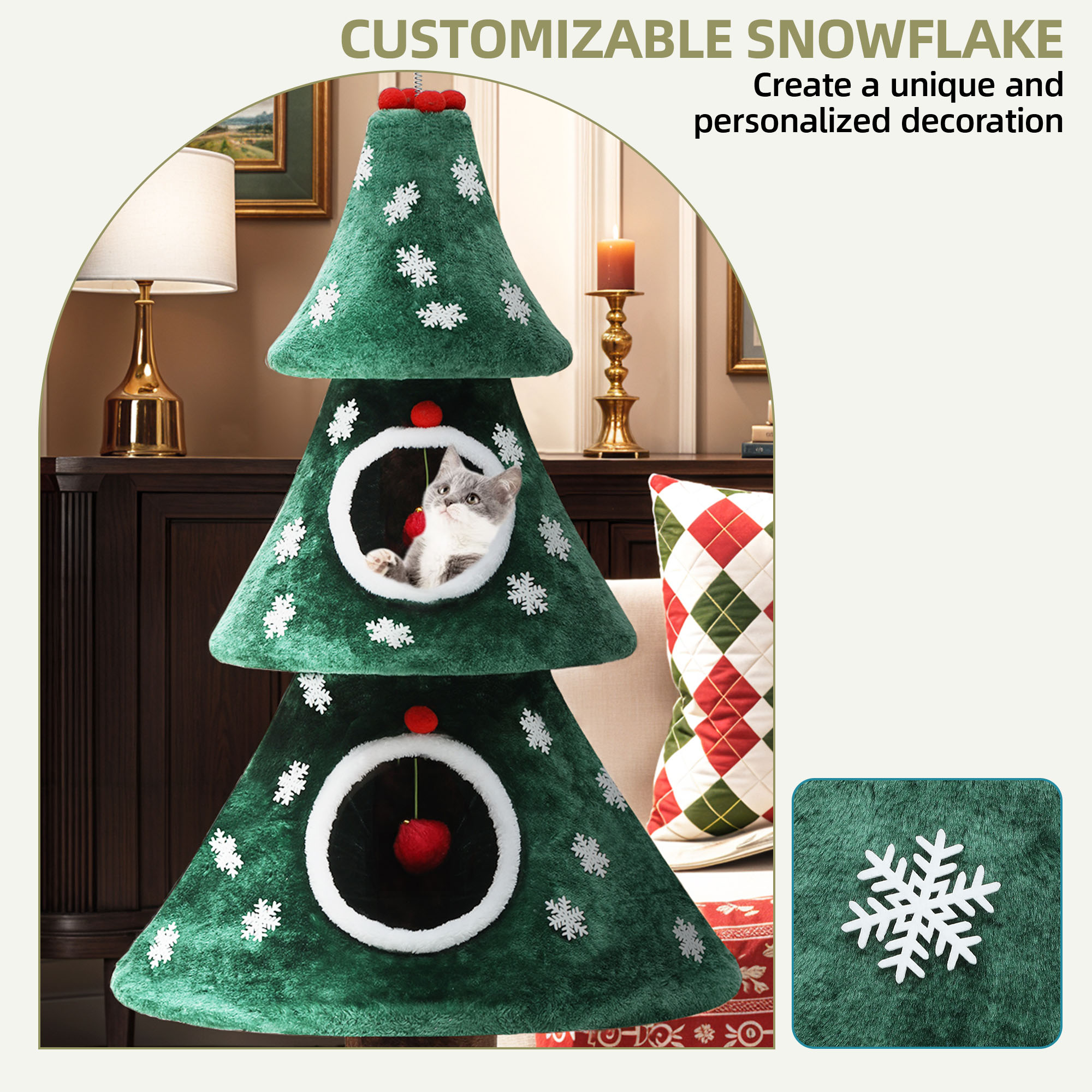 Uforic 52" Large Christmas Cat Tree Tower with 2 Condos &Teaser Plaything, Green