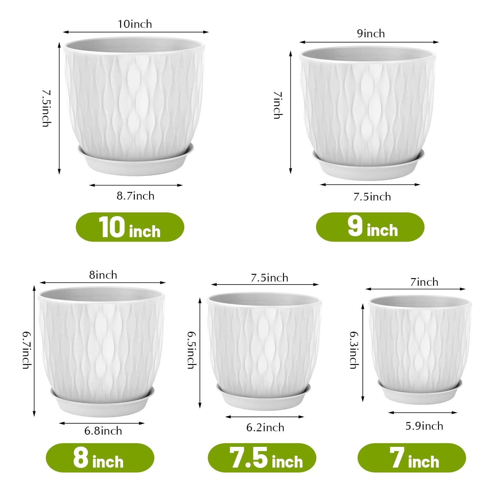 Set of 5 Plastic Plant Pots, 10 9 8 7.5 7 Inch Flower Planters with Drainage & Saucers, White