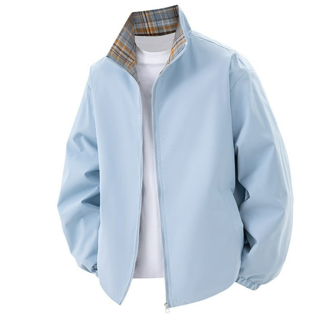 Veste d'Extérieur à Manches Longues à Col Montant à Carreaux Unis pour Hommes, Réversible pour Extérieur et Décontracté