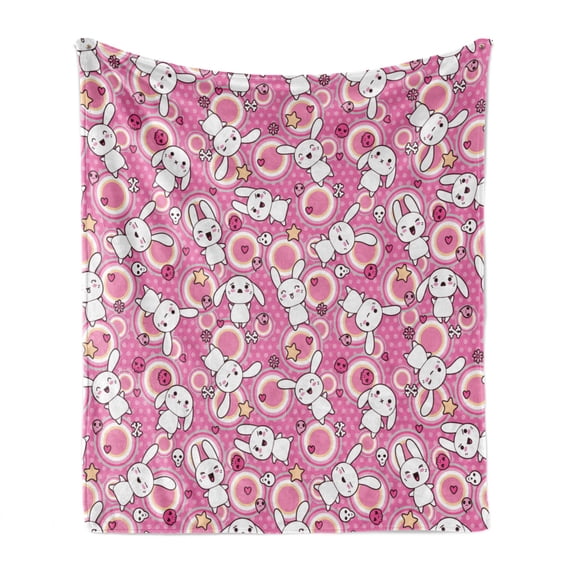 Anime Soft Flannel Fleece Throw Blanket, Funny Kawaii Illustration Rabbits Funky Animals Bunnies Kids Humor Print, Cozy Plush for Indoor and Outdoor Use, 50" x 60", White Pink, by Ambesonne