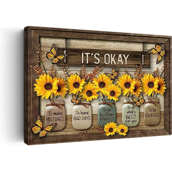 Farmhouse Wall Decor Sunflower Wall Art It''s Okay Inspirational Quotes Canvas Print Framed Artwork for Bathroom Decor Wall Art Rustic Sunflower Painting Picture For Office Kitchen Decor 12x18 Inch