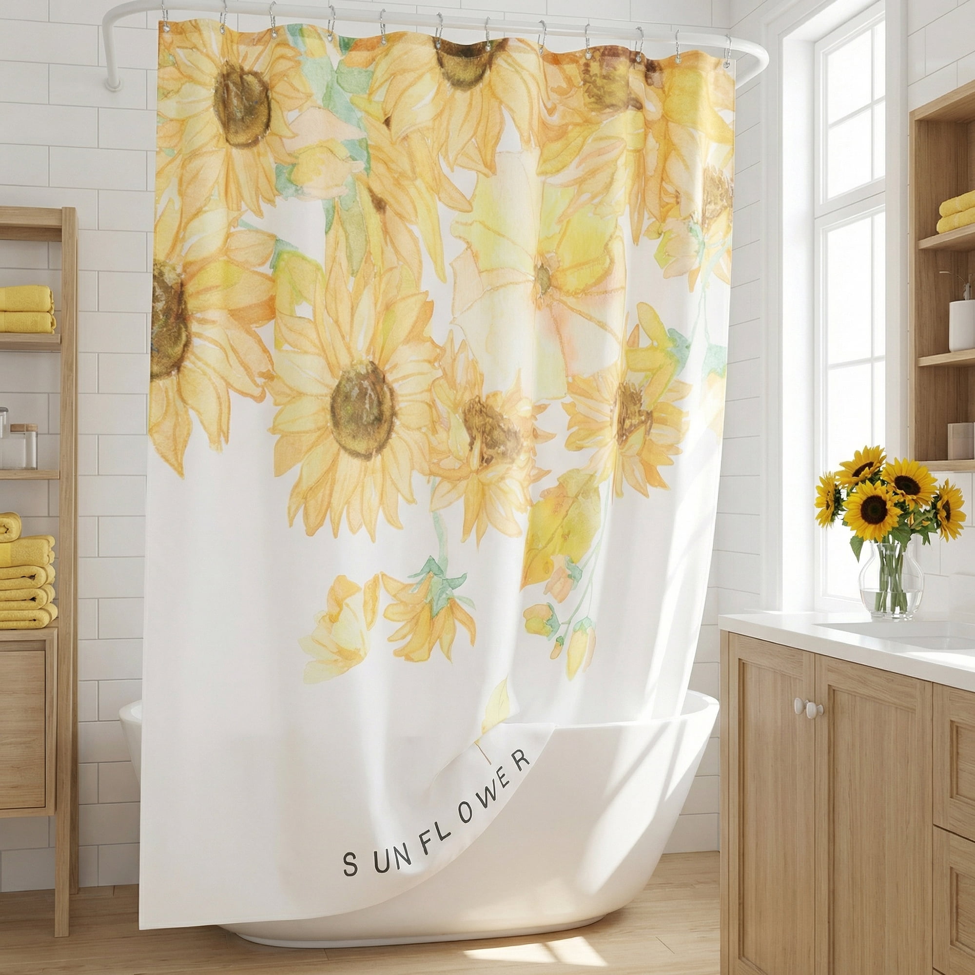 Unique Bargains Boho Floral Shower Curtain Sets with Hooks Yellow Sunflower 71"W x 71"L