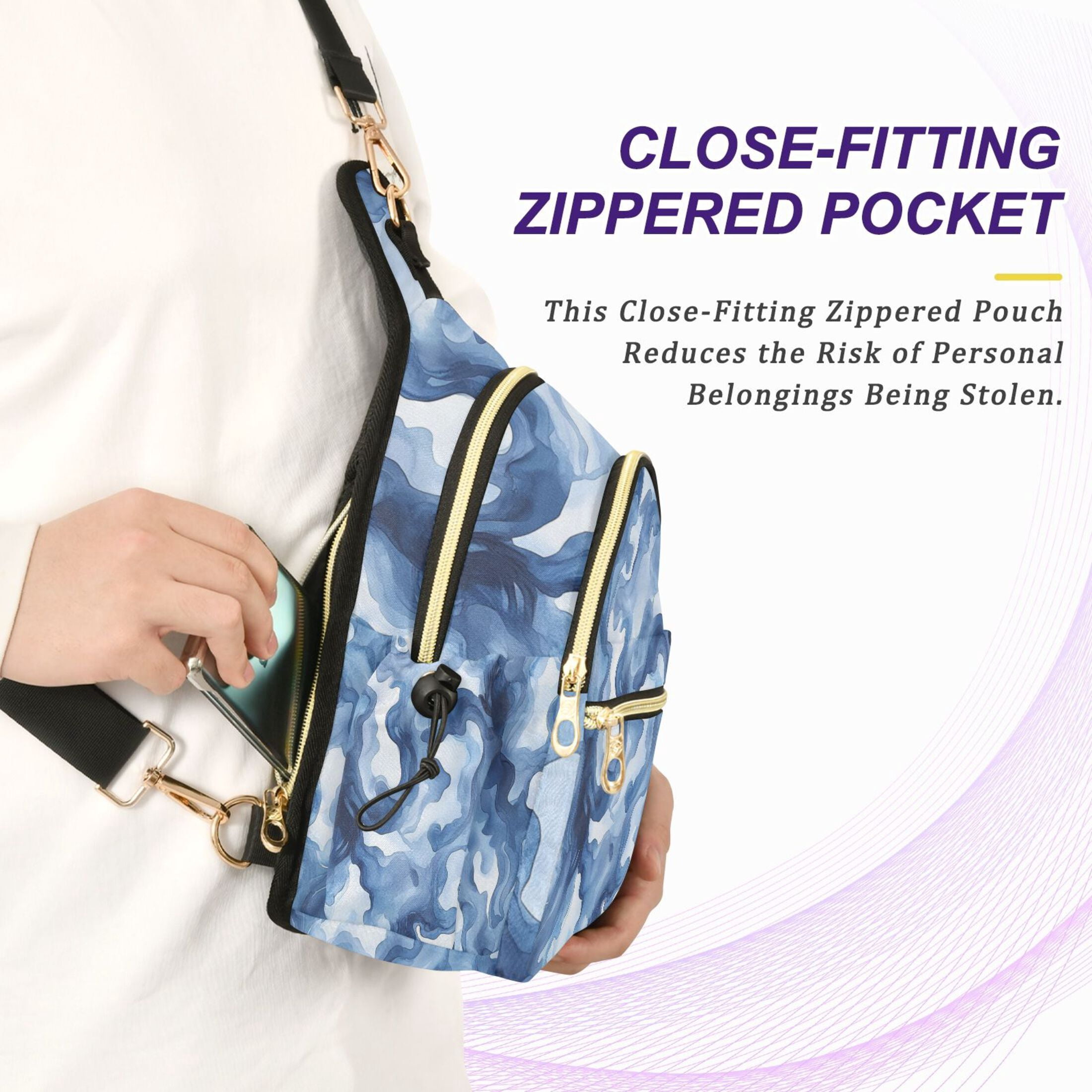 Crossbody Sling Bag for Women Shoulder Purse Trendy Daypack with Adjustable Strap Watercolor Indigo Waves