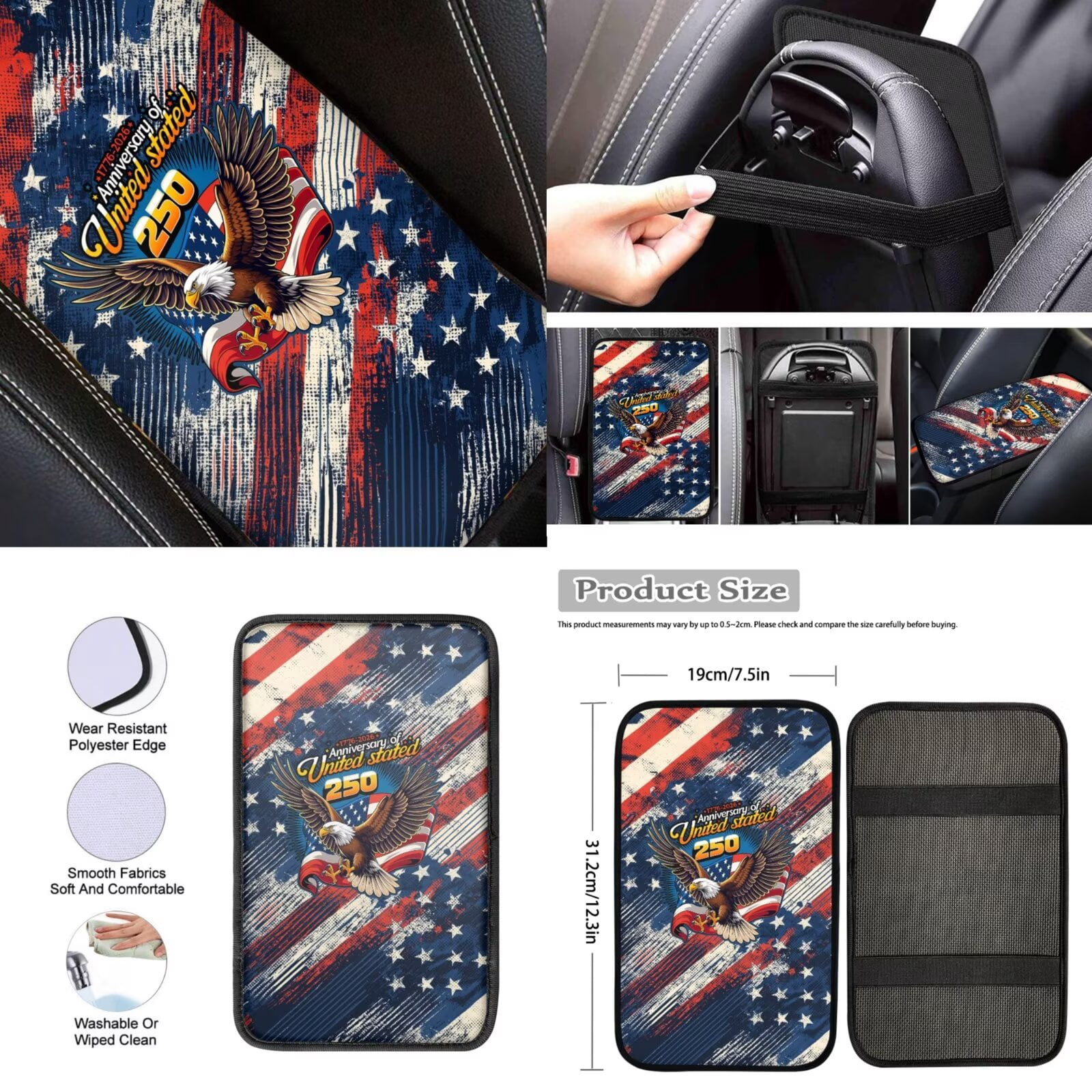 Jeiento Car Seat Covers Full Set with Steering Wheel Cover Safe Belt Pads Coasters Center Console Cover 250th Eagle Flag Keychain Chapstick Holder 13 PCS Auto Interior Sets Accessory