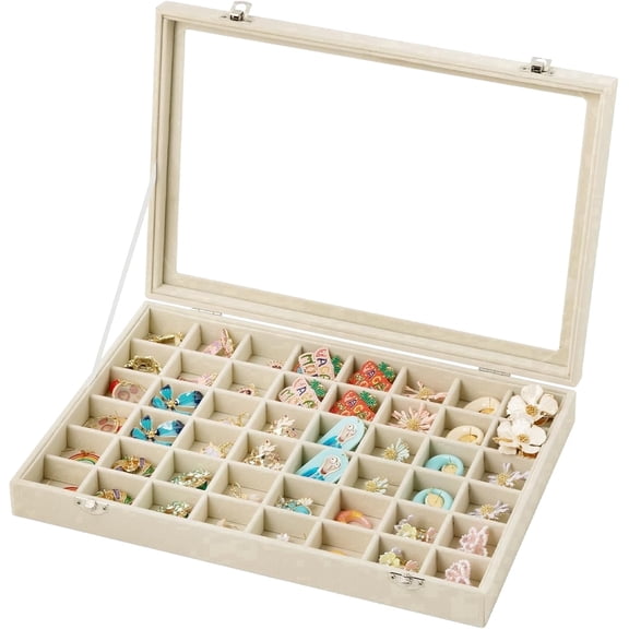 TAVENE Beige 48 Grid Velvet Jewelry Tray with Glass Lid, Adjustable Earring Ring Storage 13.8×9.5×2In, Drawer Display Box for Women Gift