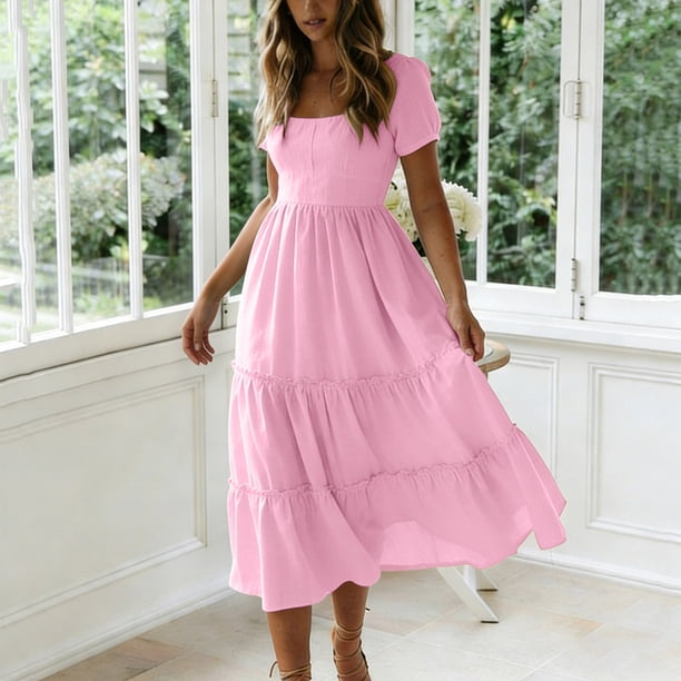 YuXingFu Denim Dress for Women Mid-Length Crew Neck Plus Size Womens Dress Short Sleeve Solid Color Casual Summer Pink M