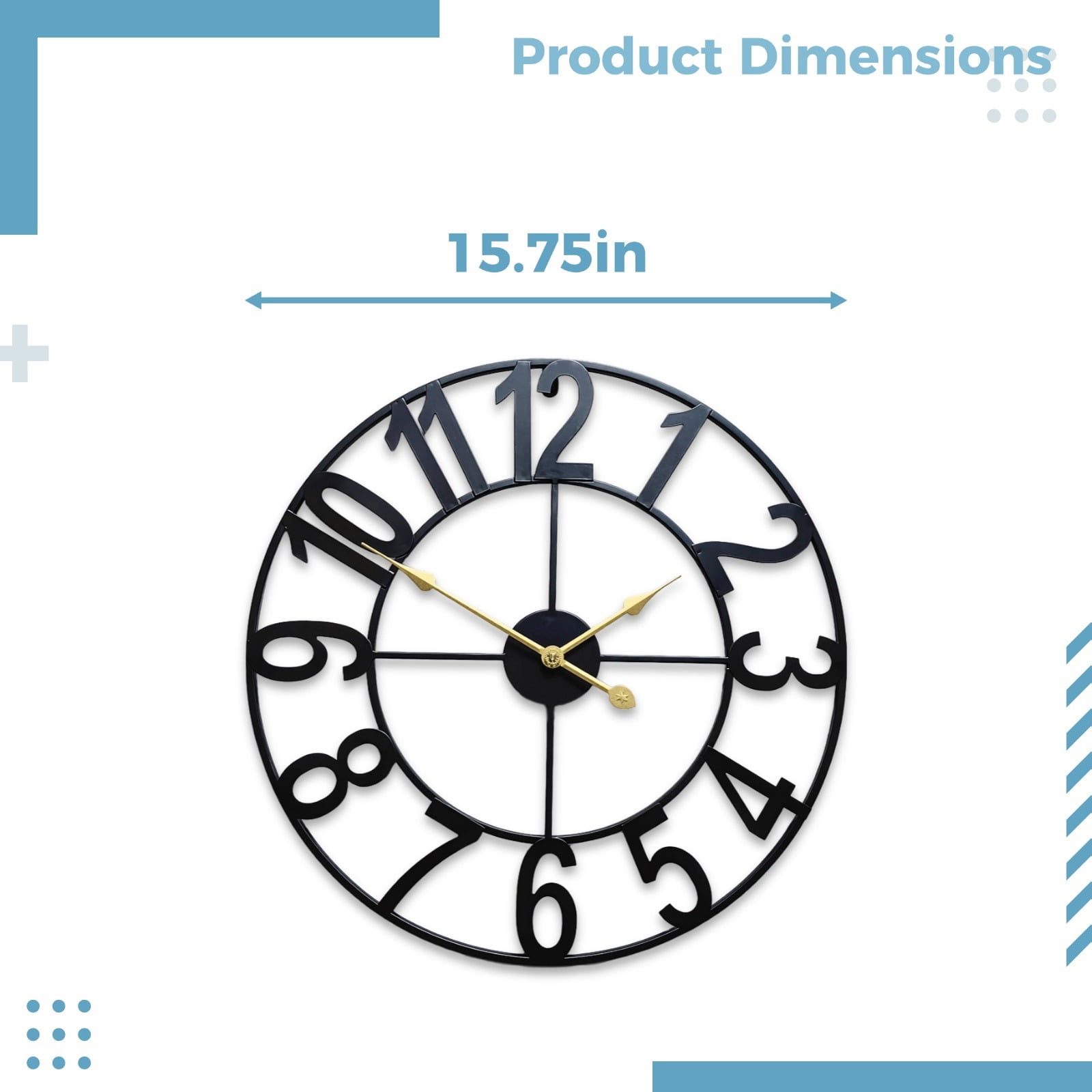 16 Inch Large Metal Wall Clock, Farmhouse Oversized Silent Black Iron Wall Clock with Arabic Numerals, Vintage Industrial Design for Indoor Outdoor Garden Patio Pool Yard Home Decoration