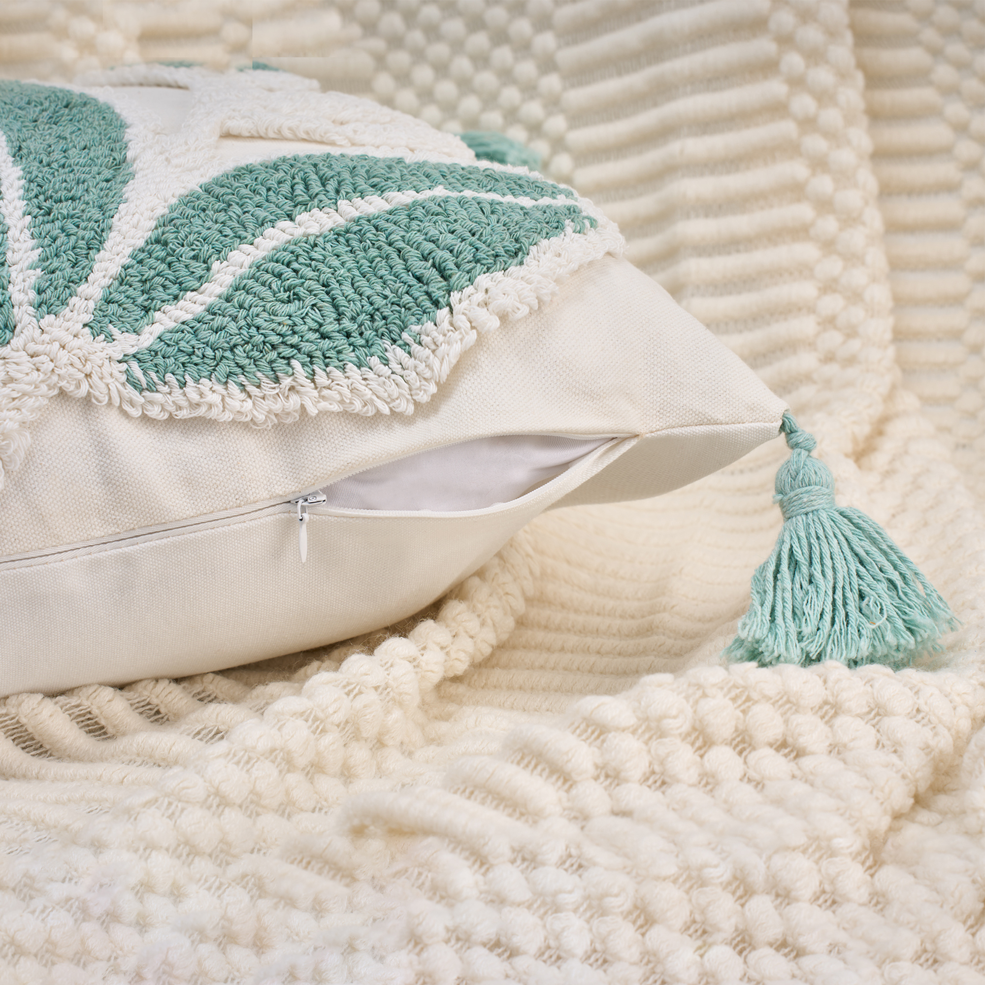 Unique Bargains Boho Pillow Cover with Tassels Set of 2 Green Big Leaves 18" x 18"