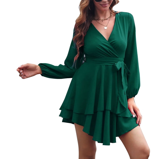 Vestido corto verde oscuro, mangas largas, talla S, escote en V, volantes, cintura con lazo y dobladillo fluido
