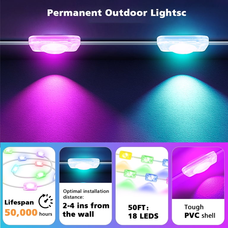 Ecoeve 50ft Full Color Eave Lights – 16 Million Colors, 50 Effects, App & Remote Control, Music Sync, IP67 Waterproof