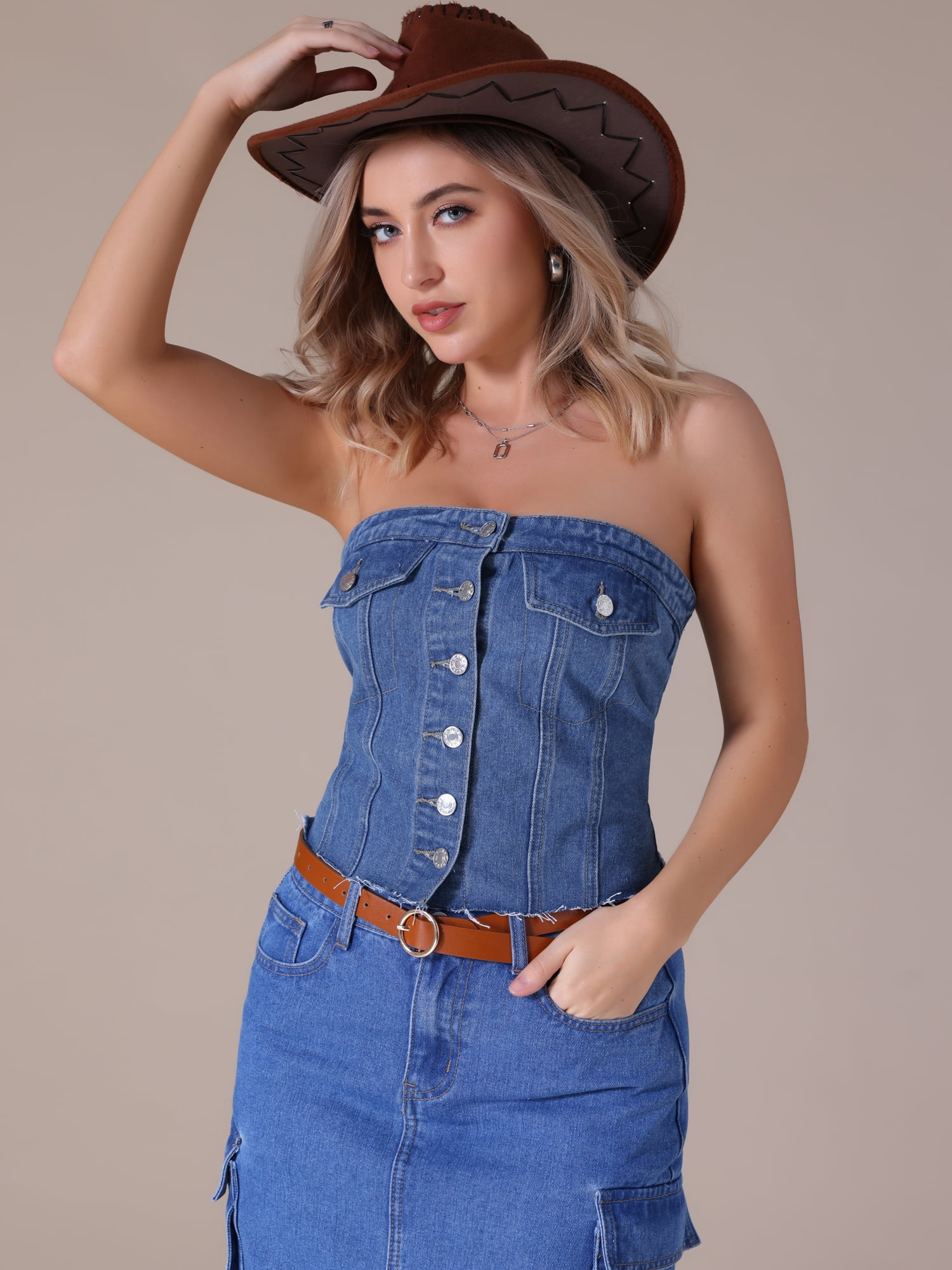 DARING DIVA Denim Tube Button Front Raw Hem Crop Strapless Bandeau Top XL Blue