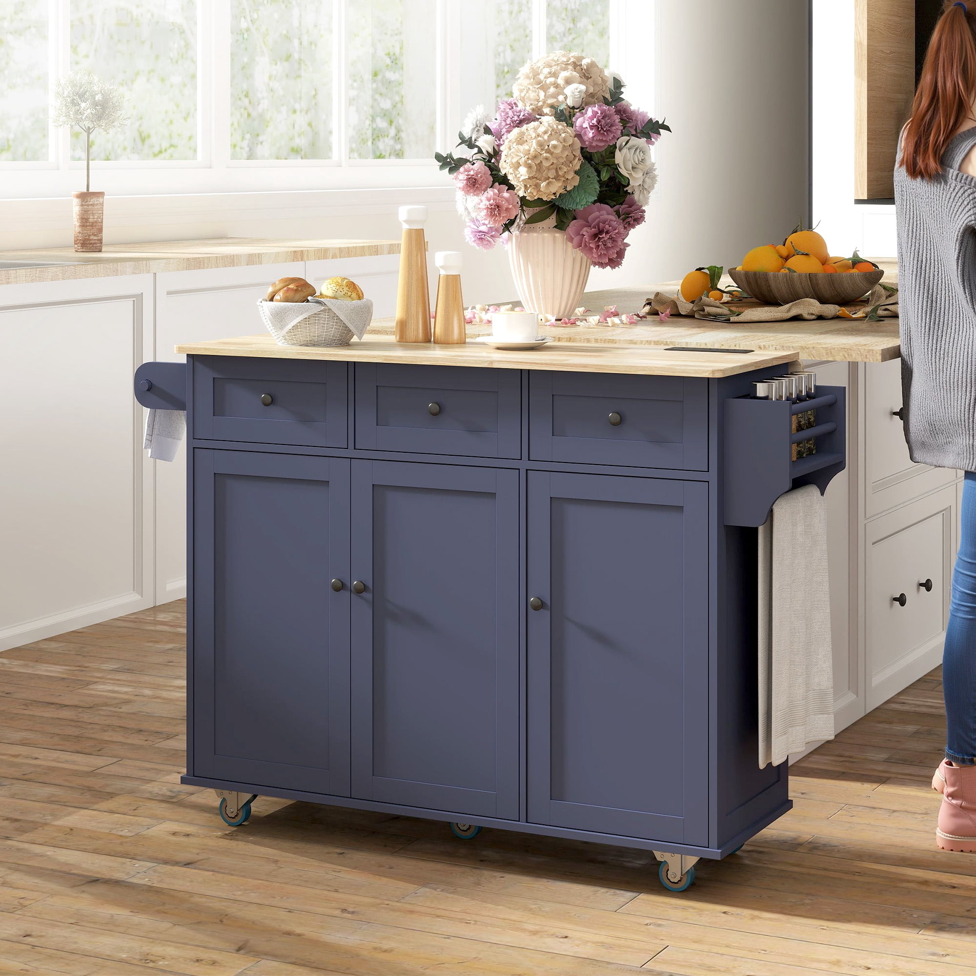 HOMCOM Mobile Kitchen Island with Power Outlet Drop Leaf Kitchen Cart Blue