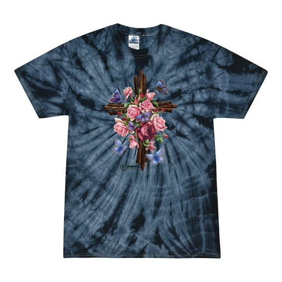 Wild Bobby, Cross with Flowers and Butterflies, Inspirational/Christian, Tie-Dye Tees, Spiral Navy, Large