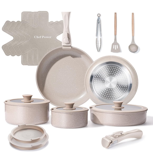 Set de utensilios de cocina Chef Power, cerámica, antiadherente, 19 piezas, color topo