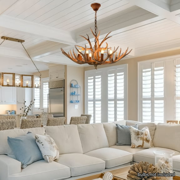 YIYIBYUS 6 Head Retro Resin Antler Chandelier, Brown Deer Horn Country Style Ceiling Lamp Home Lighting Fixtures Adjustable Height