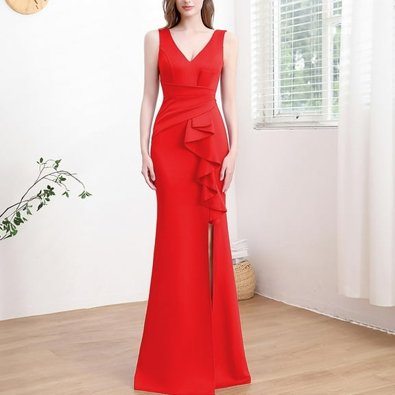 DailyTrove Women's High-Slit Mermaid Gown - Polyester Formal Evening Dress, Elegant for Weddings & Galas for women