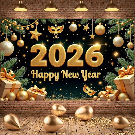 Golden Theme 2026 Banner Shiny Design Happy New Year Banner Festive Decorative Ornaments New Year Banner for New Year Party 2026 Celebration Christmas Party