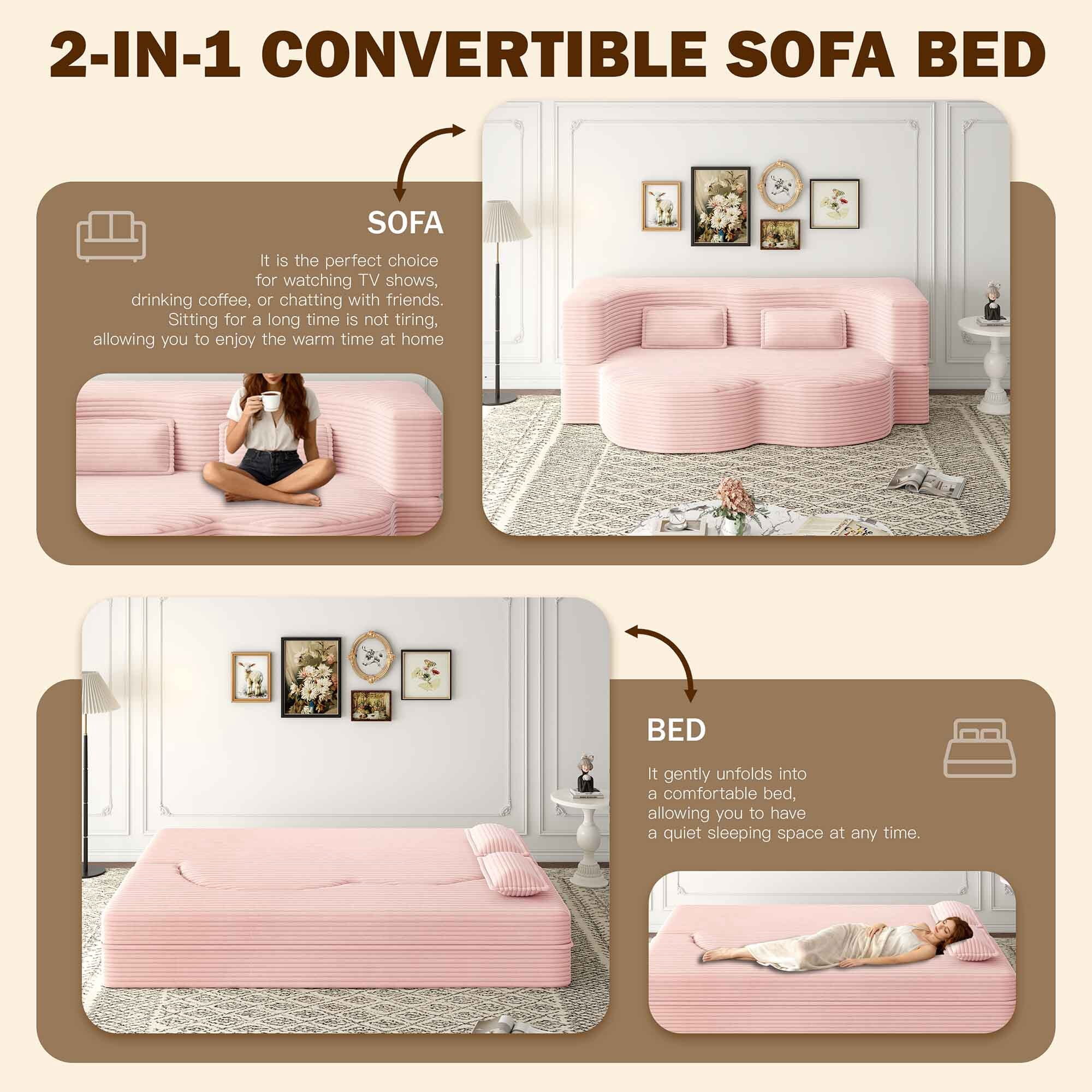 Lunale Full Size Convertible Sofa Bed, Boneless Cloud Couch, Folding Floor Sleeper Sofa for Living Room, Pink Corduroy