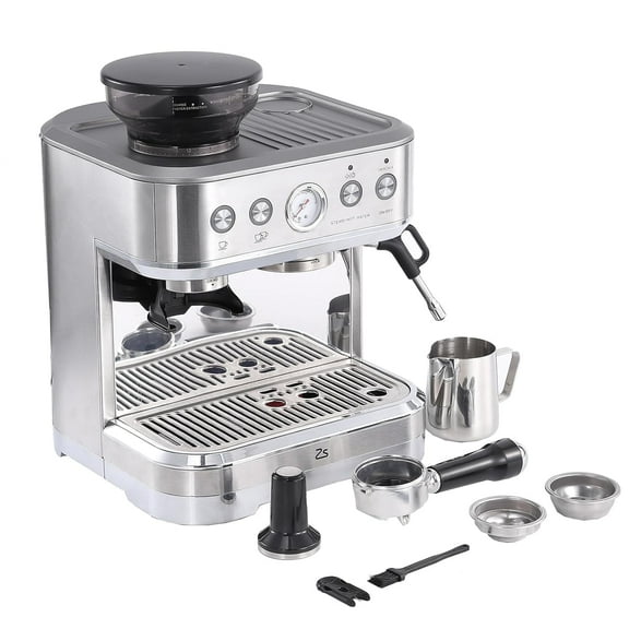 Espresso Machine with Milk Frother and Grinder, 15 Bar Automatic Espresso Coffee Machine All In One Coffee Maker with Italian ULKA Pump, 2.5L Water Tank, Brushed Stainless Steel for Home Office