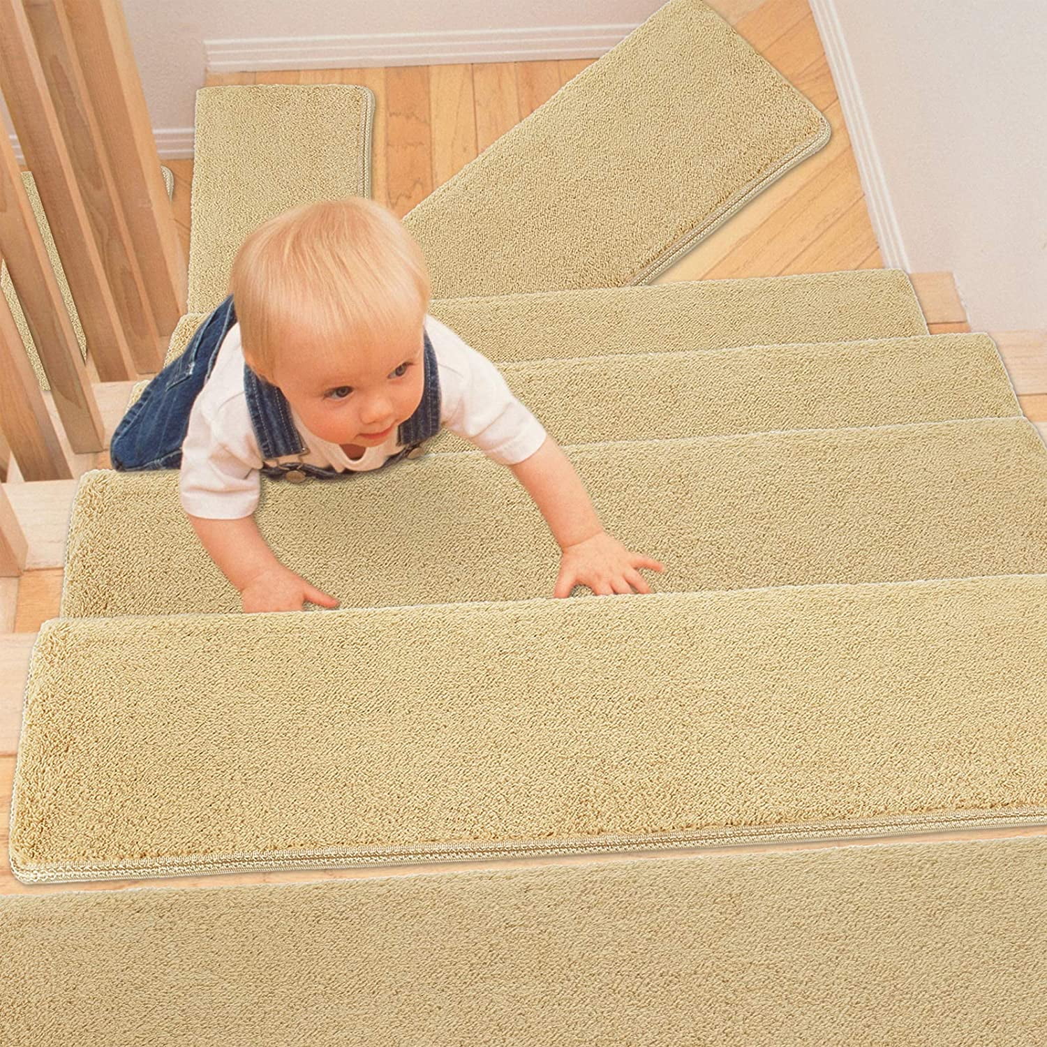 Pure Era Bullnose Carpet Stair Treads Cover 14pcs Set Plush Soft Pet Area Rug Khaki 9.5" x 30"x1