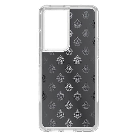 DistinctInk Clear Shockproof Hybrid Case for Galaxy S21 ULTRA 5G (6.8" Screen) - TPU Bumper, Acrylic Back, Tempered Glass Screen Protector - Silver Grey Black White Damask - Floral Damask