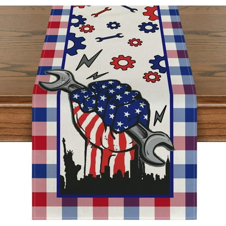 

HYXIZ Red&Blue Buffalo Plaid Fist Wrench Labor Day Table Runner American Worker Holiday Kitchen Dining Table Decor for Home Party 13x72 Inch