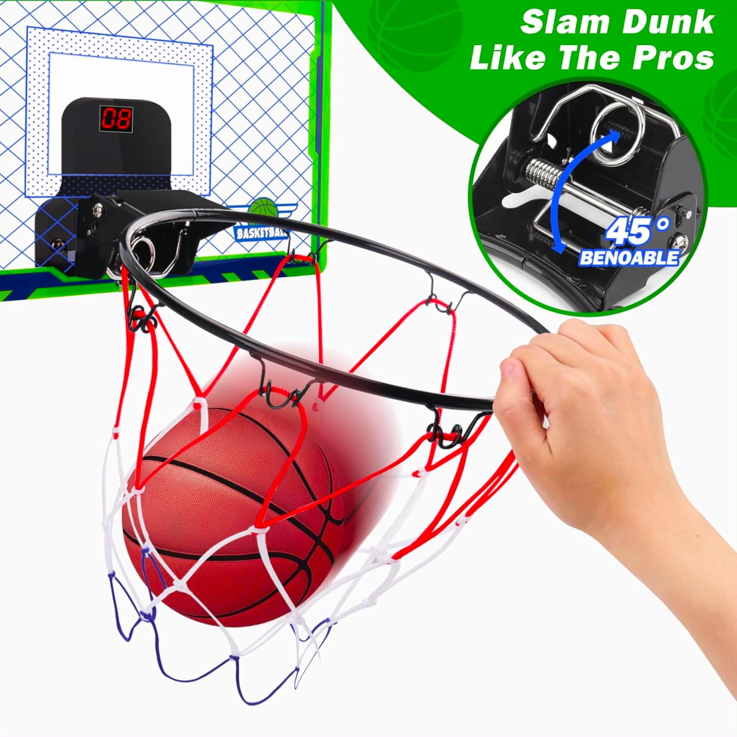POCO DIVO Over The Door Basketball Hoop, Mini LED Lights 3-Mode Scoreboard, Kids Cheerful Game 2 Balls Set, Indoor Mounting Classic Sports, Boys Girls Room Toy Gift Adult Office Party Play, Green
