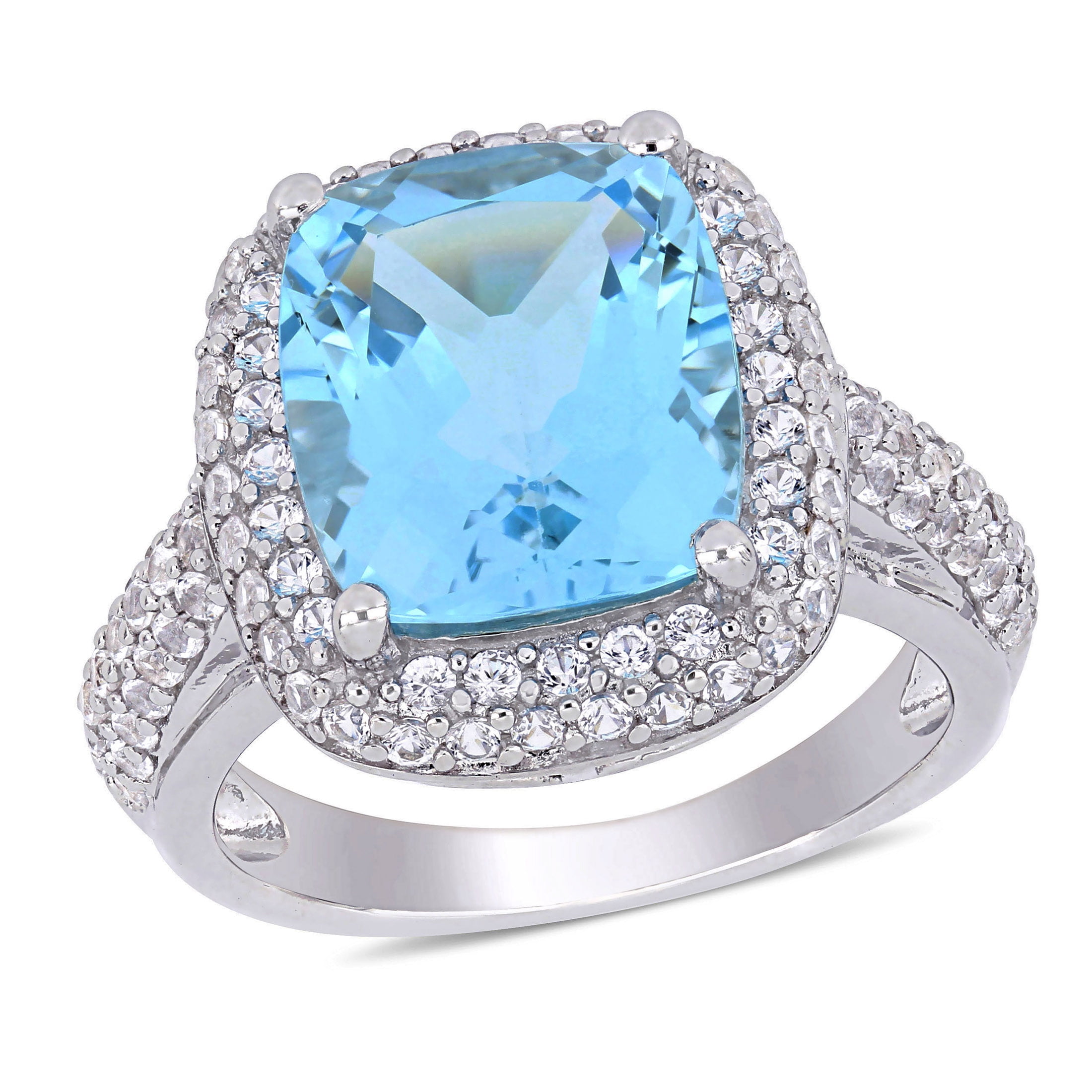4Ct Cushion Cut Blue Sapphire Double Halo Engagement Ring 14K White Gold Finish 