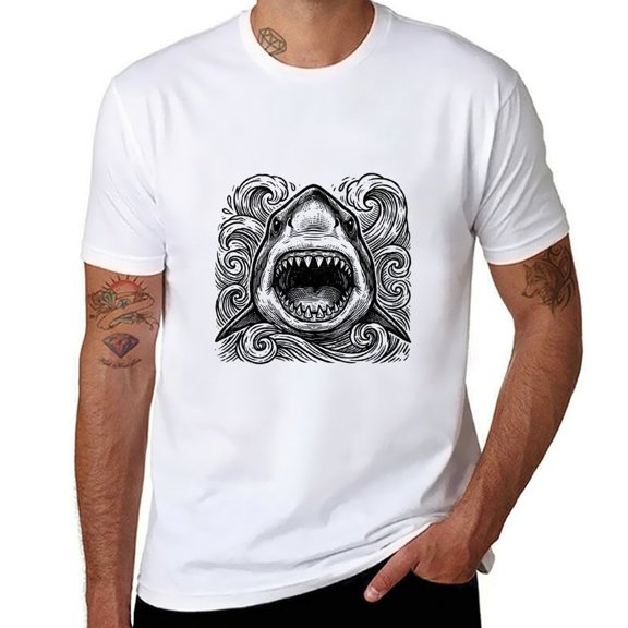 Men's Ferocious Shark Woodcut Graphic T-Shirt, Cotton Crew Neck Short Sleeve Loose Casual Tee, Retro Ocean Art Printed Shirts, S