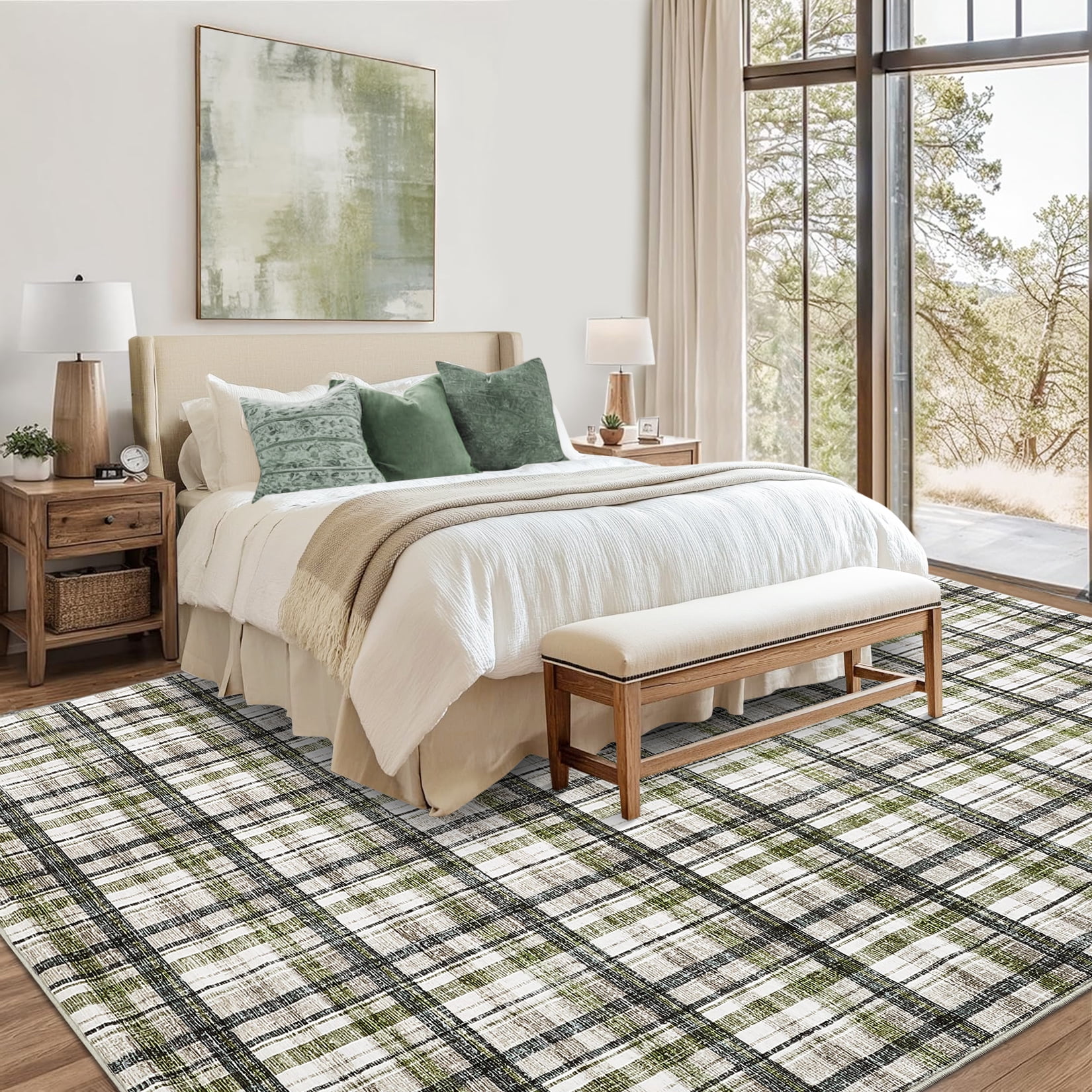 FairOnly 5'x7'Modern Geometric Plaid Non Slip Area Rug British Style Machine Washable Soft Non Shedding Rug for Living Room Bedroom,Green