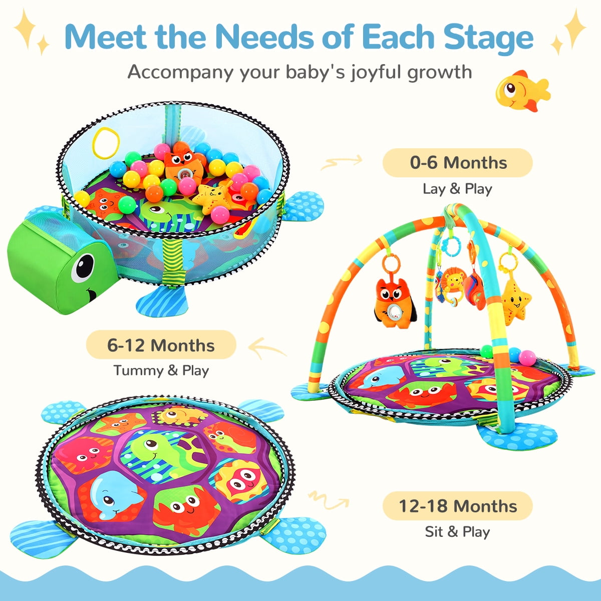 Baby Play Mat, Caveen 3 in 1 Baby Play Gym Activity Mat, with Hanging Toys and Ocean Balls, for Infants Toddlers, Blue Turtle