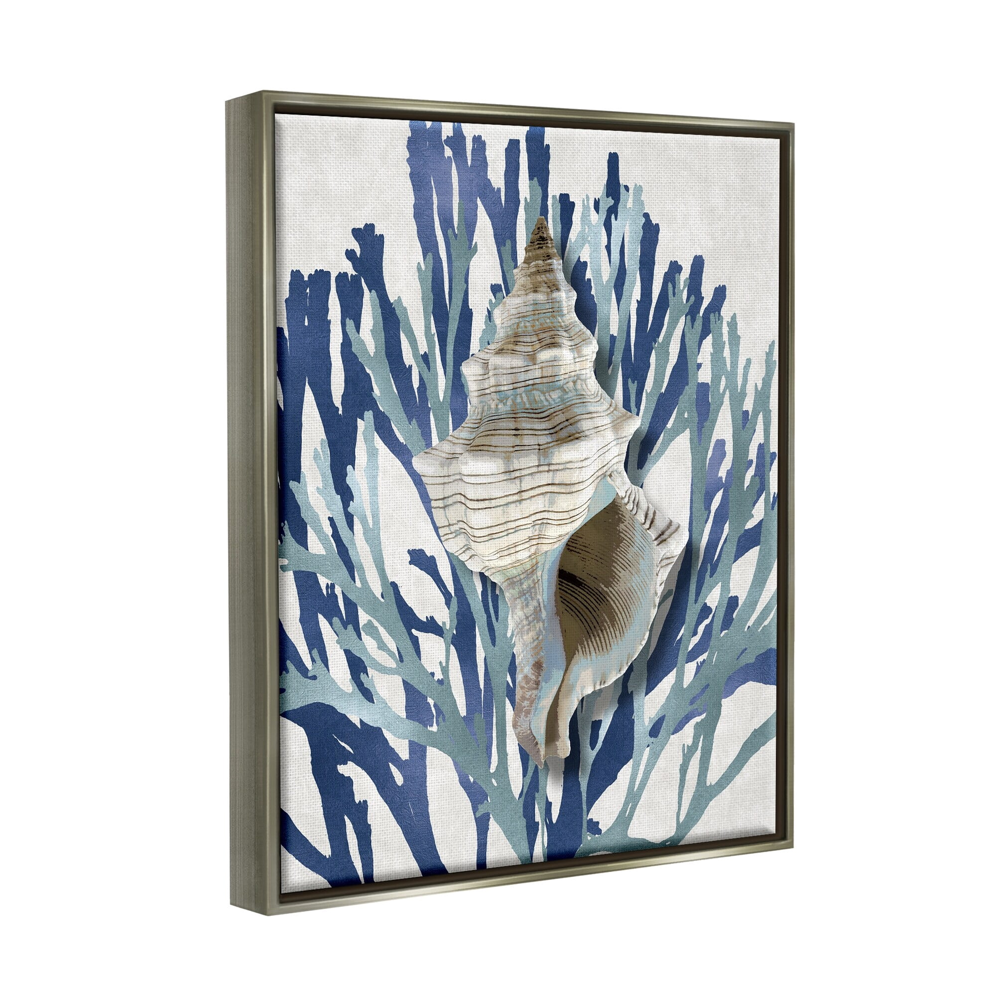 Stupell Industries Tower Shell Coral Blue Beach Design Luster Gray Framed Floating Canvas Wall Art, 16x20, by Caroline Kelly