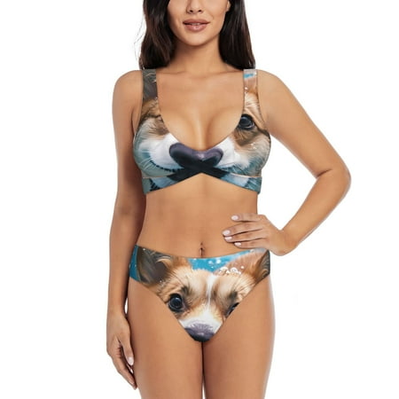 Zeuib Sea Swimming Corgi High Waisted Tummy Control Bikini Set - Knot Front Push Up Top & Cheeky Thong Bottom  Two-Piece Swimsuit for Women-Medium
