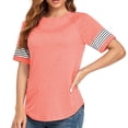 thumbnail image 3 of Blusa de verano con bloques de color, cuello redondo, manga corta, holgada, informal, a rayas, top de verano para mujer, rosa, M, 3 of 6