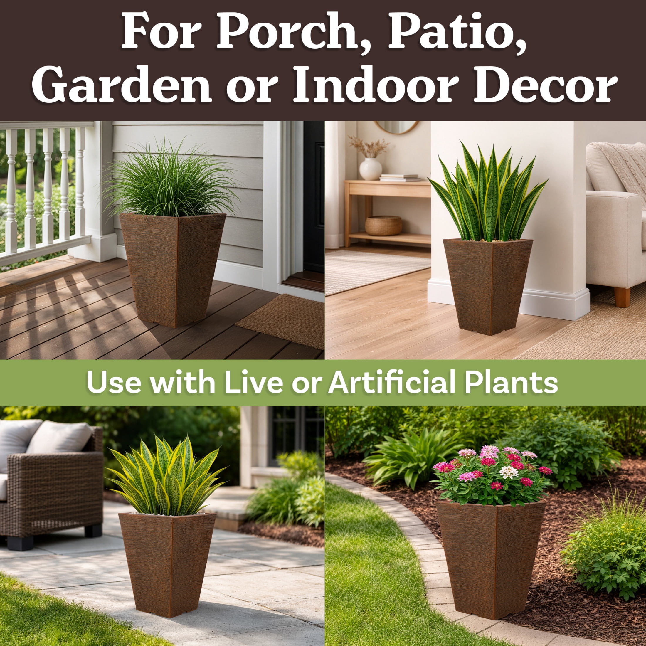 Pure Garden Large Outdoor Planters 2-Pack - 13.75” Tall Planters for Outdoor Plants or Indoors, Bronze