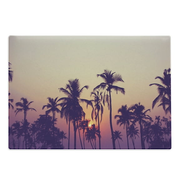 Sunset Cutting Board, Vintage Filtered Sunset Tropical Palm Tree Silhouettes, Decorative Tempered Glass Cutting and Serving Board, in 3 Sizes, by Ambesonne