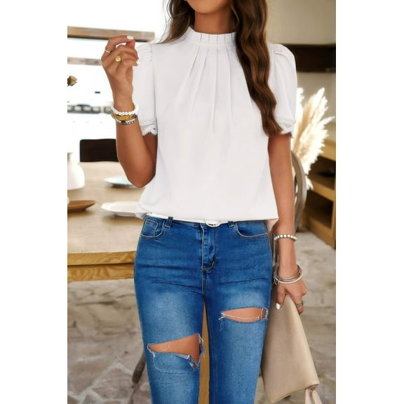 Crew Neck Solid Ruffle Loose Fit Dressy Elegant Shirt