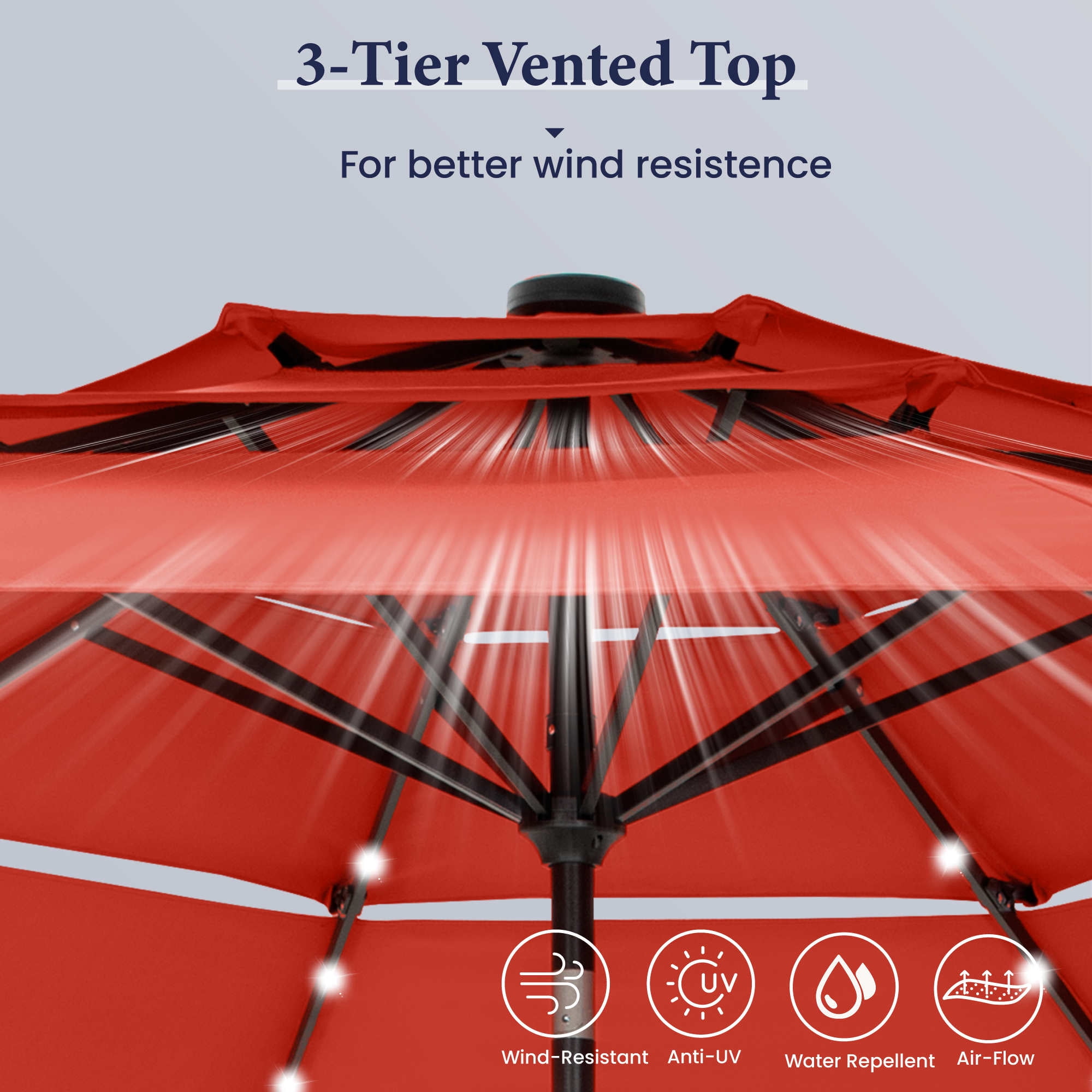 Summit Living 10ft Patio Umbrella with Solar Lights 3-Tier Vented Outdoor Market Umbrella with Auto-Tilt – Orange Red