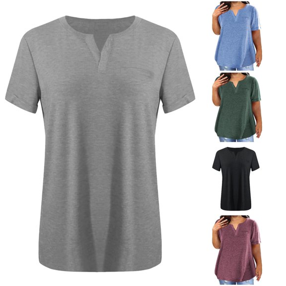 Tanghaowl Womens Summer Tops Plus Size Tops Versatile V Neck Solid Color Short Sleeve Pocket Relaxed Fit T Shirt for Women Grey XXL
